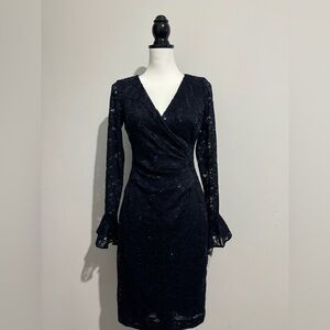 NWT LAUREN RALPH LAUREN BLUE SEQUIN LONG SLEEVE LACE DRESS SIZE 2